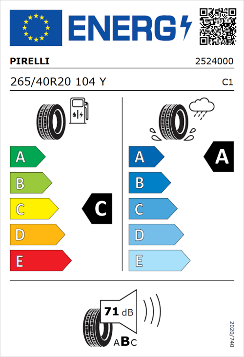 Tyre Label for Pirelli P Zero New (PZ4) (PNCS) 265/40R20 104Y