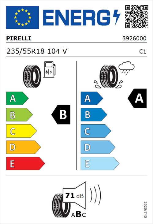 Tyre Label for Pirelli Powergy 235/55R18 104V