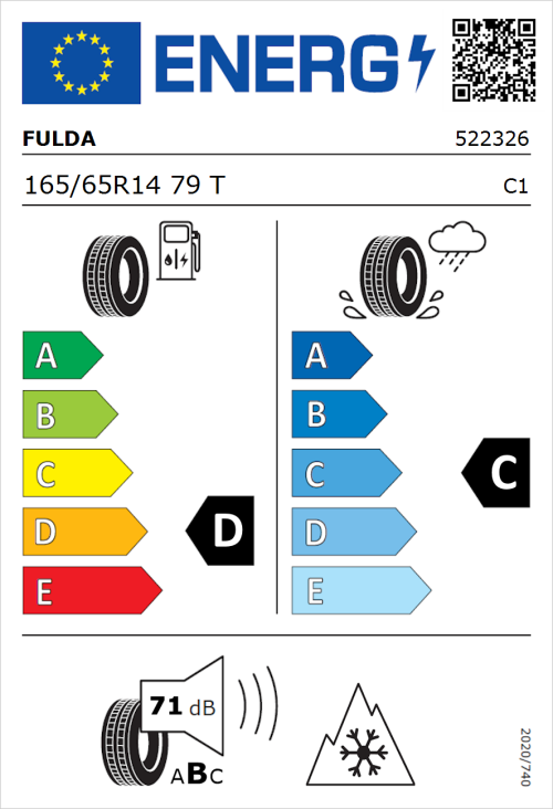 Tyre Label for Fulda Kristall Montero 3 165/65R14 79T