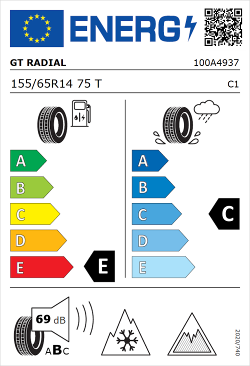 Tyre Label for GT Radial WinterPro 2 evo 155/65R14 75T