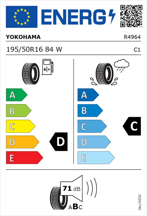 Tyre Label for Yokohama V105 195/50R16 84W
