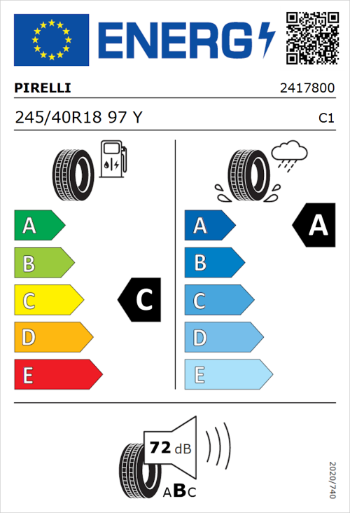 Tyre Label for Pirelli Cinturato P7 245/40R18 97Y