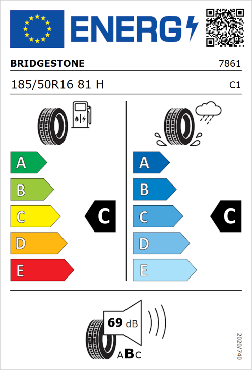 Tyre Label for Bridgestone Turanza T001 185/50R16 81H