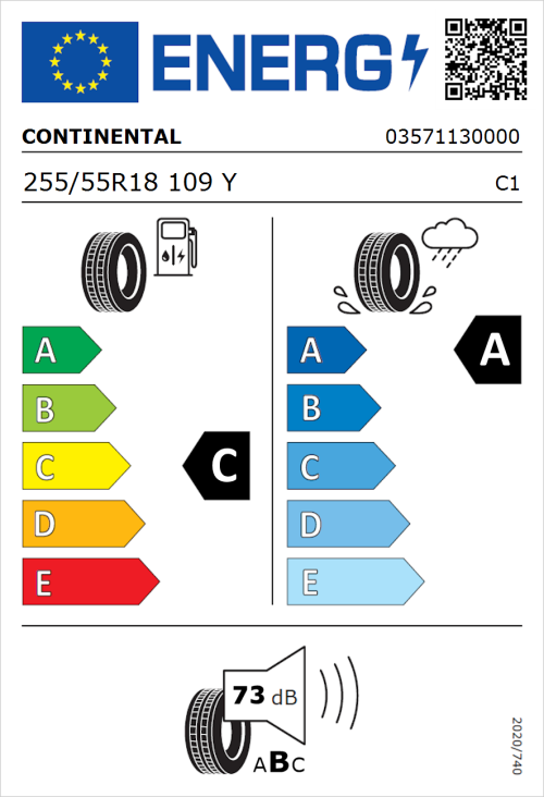 Tyre Label for Continental PremiumContact 6 255/55R18 109Y